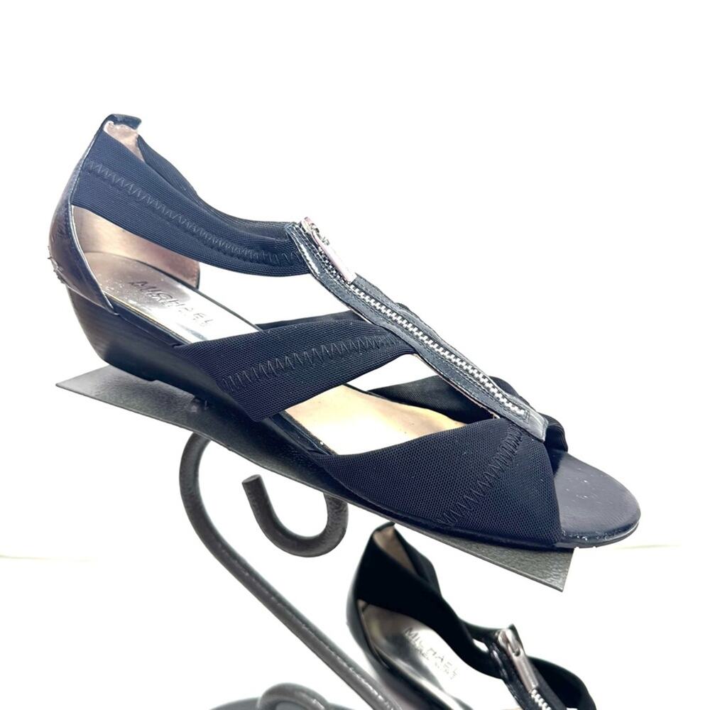 Michael Kors Black Leather Front Zip Kitten Wedge Sandals Size 10